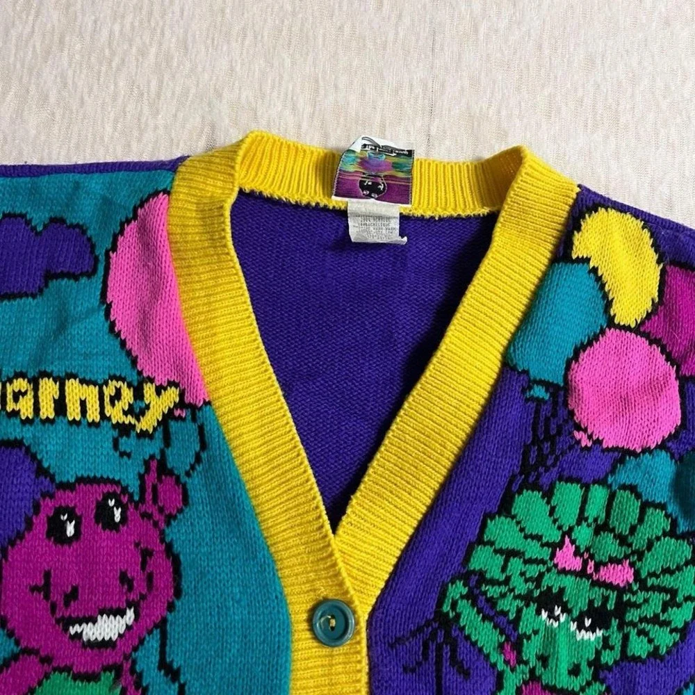 Vintage 1992 Barney Baby‎ Bop Cardigan Sweater Kids Size 6 Colorful USA Rare
